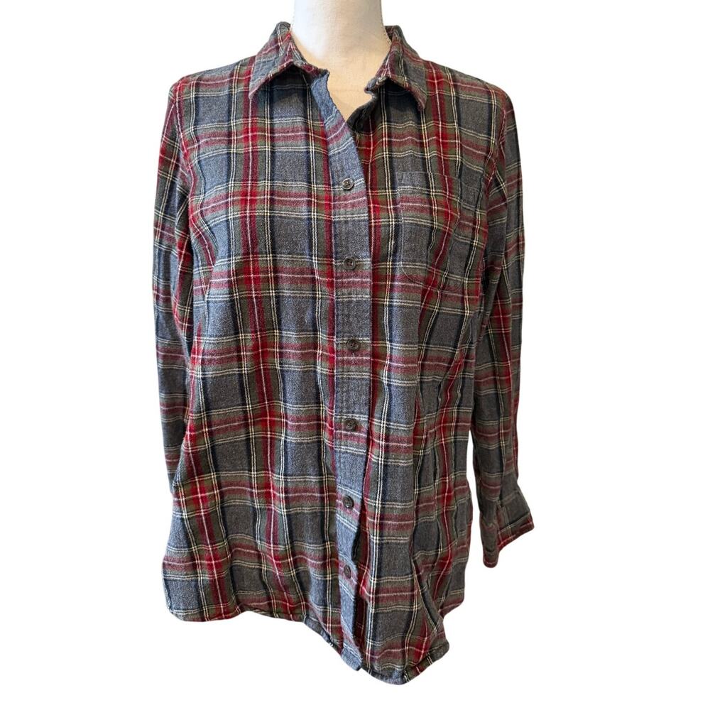 LL Bean Flannel Shirt Gray Maroon Plaid L